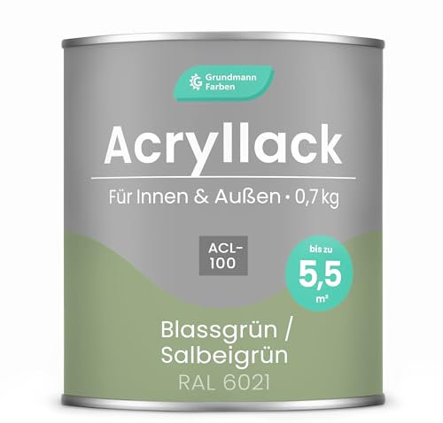 Grundmann Acryllack ACL 100 - Salbeigrün Mintgrün 0,7 Kg - 4in1 Lack inkl. Grundierung - Innen und Außen - Für Holz, Metall, Stein & Kunststoff - Blassgrün RAL 6021