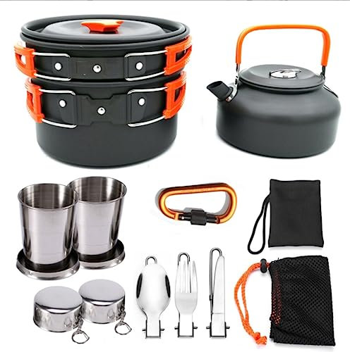 Popote Bivouac Casseroles D'extérieur Casseroles Camping Ustensiles De Cuisine Pique-nique Ensemble De Cuisine Vaisselle Avec Cuillère Pliable Fourchette Bouilloire Tasse Casserole Camping(Oranje)