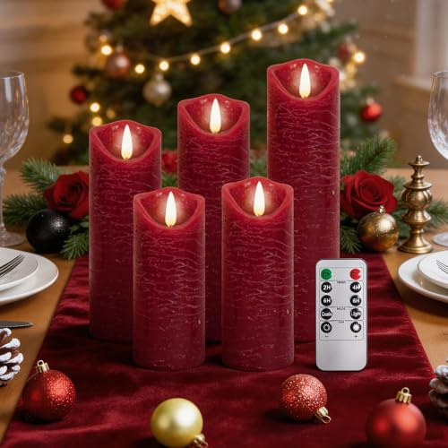AiiBowy Led Kerzen [5er Set ] Flammenlose Kerze Batteriekerzen, 10-Tasten Timer Funktion mit Fernbedienung, Tanzende Flamme, LED Stabkerzen Home Deko, Weihnachten, Geburtstag, Party (Rot)