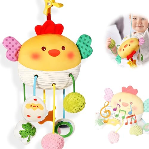 AIRCADIA Baby Kinderwagen Spielzeug mit Ausziehfunktion ab 0 3 6 Monate, Anhänger Greifspielzeug Baby Spielzeug mit Spiegel und Ton, Plüsch Hängespielzeug Neugeborenen Mädchen Jungen Geschenk (Küken)