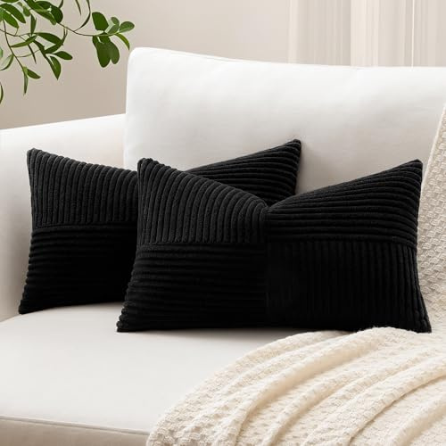 Sungeek 2er Set Cord Kissenbezüge, Kreuz Streifen Muster Kordsamt Kissenbezug Sofakissen Dekokissen Patchwork Design Deko Zierkissenbezüge Kissenhülle für Wohnzimmer (40x60cm, Schwarz)