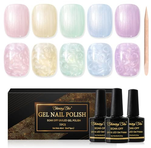 Shining She UV Nagellack Pearl Effect, 5 Farben Frühling Sommer Pastell Gel Nagellack UV, Rosa Lila Blau Grün Gelb Shimmer Mermaid nagellack Aurora Iridescent Muschel Wirbel Effek DIY, 8ML