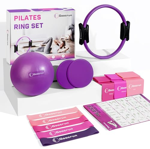 Goocrun Ensemble D'anneaux de Pilates, Salle de Sport Portable à Domicile, Comprend des Bandes de Résistance, Un Ballon de Pilates et Un Disque de Glissement - avec Guide D'exercices