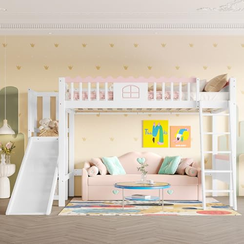 Soweiz Cama alta, cama individual, con luces LED, cuna con estantes, con tobogán, certificado EN747, madera de pino, 90 x 200 cm (sin colchón), color blanco