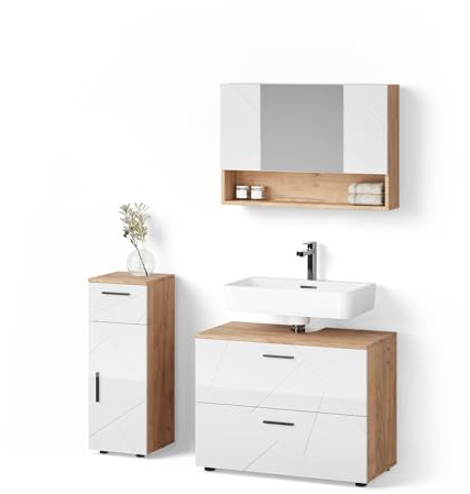 Livinity Set di mobili da bagno Ronco, Bianco lucido/oro power oak, 3 parti, con cassettiera e mobile midi