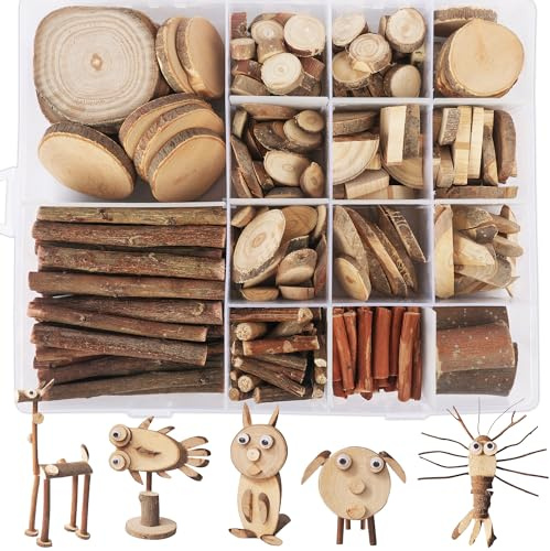 SOSMAR Natürliche Holzstücke zum Basteln & Dekorieren – Unbehandelte Holzscheiben Holzstäbchen Holzzweige DIY-Set für kreative Projekte, mit Wackelaugen selbstklebend