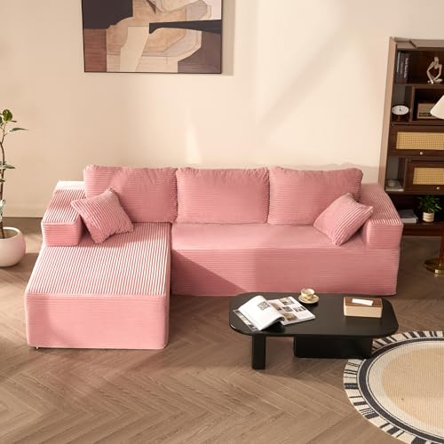Litbird Modulares L-förmiges Ecksofa mit Schlaffunktion – rahmenloses Schlafsofa mit Chaiselongue Links, extra tiefer Sitzfläche, montagefrei, für Wohnzimmer,Rosa
