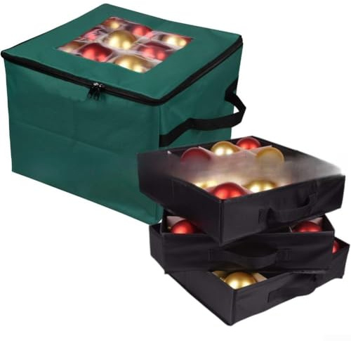 QuivyLivy Contenedor de almacenamiento de adornos con 3 bandejas separadas, capacidad para 48 bolas de Navidad, caja de decoración navideña de tela Oxford, compacta y portátil para uso estacional