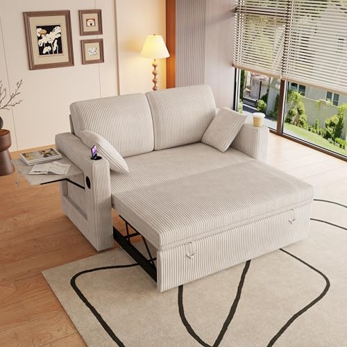 ECLIVON Sofa mit Schlaffunktion und USB TYP C für Wohnzimmer, Sofas & Couches, 2 in 1 Schlafsofa mit Verstellbarer Rückenlehne & Tisch, Sofa Bett Klappbar mit Kissen, Schlafcouch Lounge, Cord (Weiß)