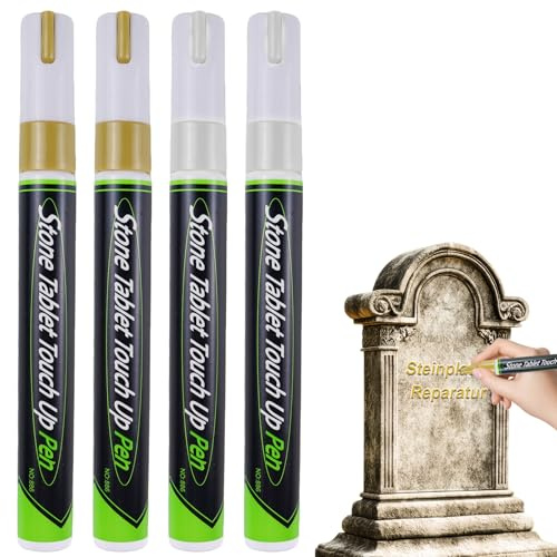Rotulador escritura resistente intemperie color Tombstone, paquete 4 rotuladores lápida, bolígrafo impermeable para mejorar piedra para restaurar inscripciones de tumbas descoloridas (dorado, blanco)