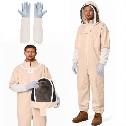 Imkeranzug Ganzkörper Schutzanzug Unisex mit abnehmbarem Schleier & Handschuhen, Atmungsaktives Mischgewebe, Bienenschutzkleidung für Anfänger & Profis