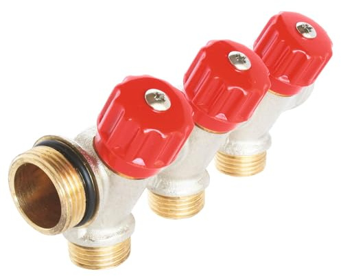 SOMATHERM FOR YOU, Collecteur de distribution 3 sorties à portée plate Easy Lock M15/21 avec vannes, en laiton nickelé, pour installations sanitaires et de chauffage, étanchéité optimale