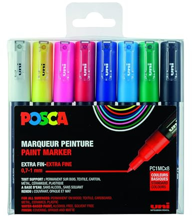 uni-ball 186708 - POSCA Marker mit extra feiner Rundspitze, 8er Set | Marker mit 0,7-1 mm Spitze für nahezu alle Oberflächen