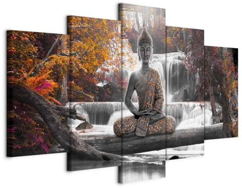 B&D XXL - Leinwandbild Wasserfall Baum Wald, 225x112 cm, 5-teilig, modern | Hochwertige Leinwand, sofort aufhängbar, ideal fürs Wohn- oder Schlafzimmer, wasserfest und lichtecht, langlebig, stilvoll