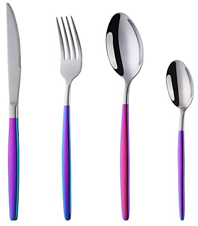 BISDARUN Stainless Steel Cutlery Set of 1 with Iridescent Coloured Handles 4-Piece Titanium Plated Flatware Service for 1, Rainbow Silverware Dinner Knife Fork Spoon Set
