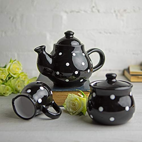 City to Cottage® Set de Tetera, Jarra de Leche y Azucarero de Cerámica Artesanal de Lunares en Negro y Blanco
