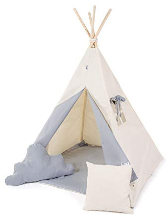 Kinder Teepee Tipi Set für Kinder Spielzeug drinnen draußen Spielzelt Zelt 8 Elemente dabei Tipi-Set Indianer Indianertipi mit Fenster usw. (mit kleinem Zubehör, Grauer Wolf)