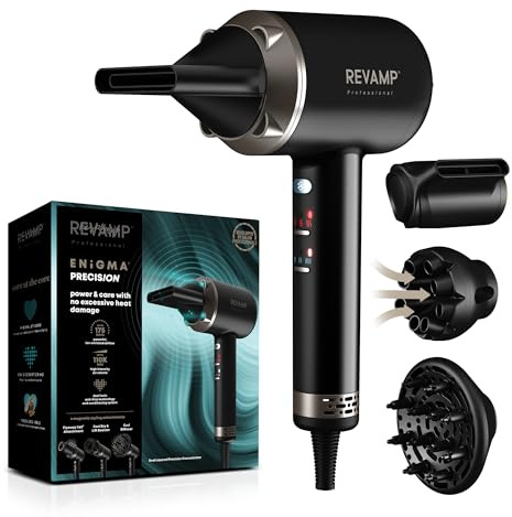 REVAMP Enigma Precision Ionic Hair Dryer, Brushless Motor for Low Noise, Powerful, Quiet Drying - Lightweight Hairdryer, 4 Magnetic Curl Diffuser & Styling Attachments - Salon Professional Blow Dryer