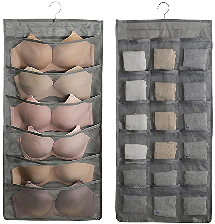 UESDU 2 Pcs Dual Sided Hanging Storage, 48 Pockets Hanging Wardrobe Organiser Foldable Bra Storage Organiser Hanging Sock Storage (Gray)