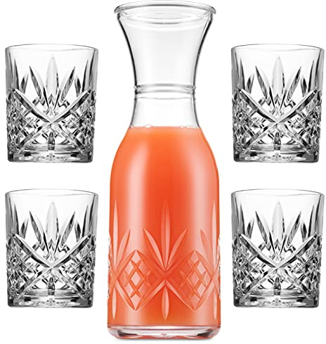 Godinger Carafe Pitcher and Drinking Glasses Set, Acrylic Shatterproof Water Pitcher Wine Decanter with 4 Wine Glasses Tumbler Cups - Dublin Collection