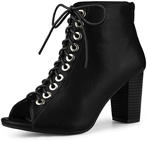 Allegra K Women's Peep Toe Lace Up Chunky Heeled Black Ankle Booties - 8.5 M US