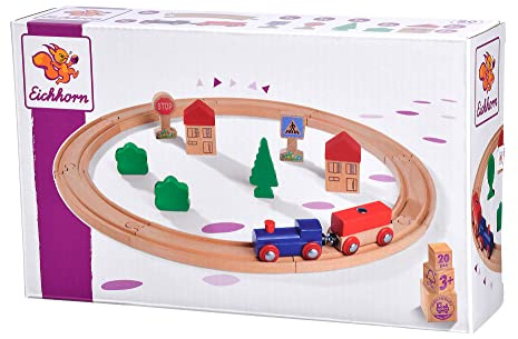Eichhorn Schienenbahn 100006200 Kreisbahn, 20 teilig, 135 cm Streckenlänge, FSC zertifiziertes Buchenholz, verbaubar mit Anderen Schienenbahnsystemen, Mehrfarbig