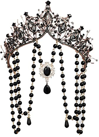 Damen Hochzeit Braut Strass Tiara Krone Prinzessin Geburtstagskrone Barock Königin Krone Stirnband mit Quaste (Schwarz-1)