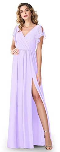 Lecureler Prom Dress Side Slit Butterfly Sleeve Lilac Size 10