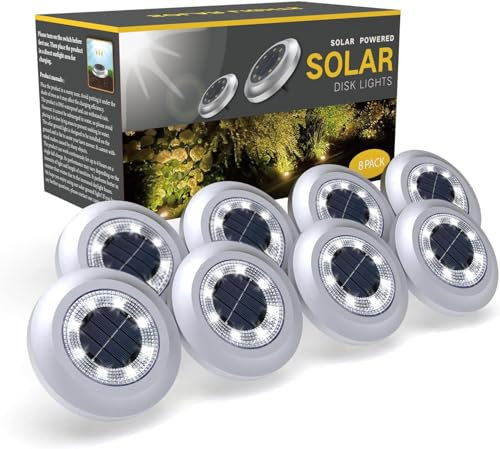 Torchtree Solar Lights Outdoor Garden,600mAh Solar Ground Lights, 8 LED Solar Disk Lights for Garden Lawn Pathway Yard Landscape Walkway（8 Pack Bright White） ﻿