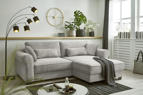 Stella Trading Ecksofa mit Schlaffunktion und Bettkasten, Cord-Optik, L-Form Eckcouch, beidseitig montierbar, Modell Angelina, Hellgrau, 255 x 92 x 185 cm (B/H/T)