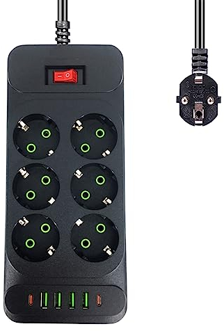 Steckdosenleiste mit USB,6 Fach Mehrfachsteckdose 2500W mit 4 USB A und 2 USB C Mehrfachstecker Verteilersteckdose mit Schalter, Wandmontage Mehrfachstecker für Zuhause Büro, 2M Kabel