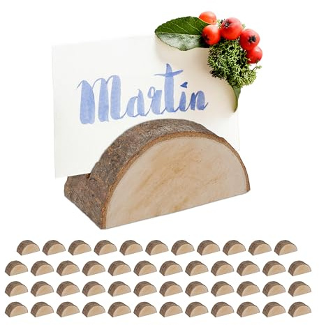 Relaxdays Tischkartenhalter Holz, 48er Set, Kartenhalter Tischkarten, Menükarten, Postkarten, Fotos, Aufsteller, Natur
