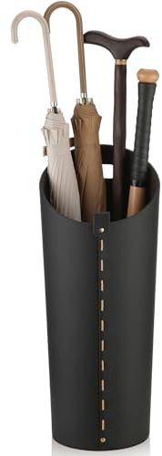 ELPMD Black Umbrella Holer for Entryway with Drip Tray and 2 Steel Hooks Leahter Tall 22.44 Inches Umbrella Stand Rack Indoor Can Store 10 Golf Umbrellas or Crutches Toy Swords etc