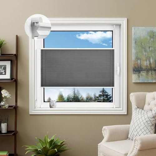 Thermo Plissee Ohne Bohren 25 x 60 cm Verdunklungsplissee Lichtundurchlässig Jalousien Zum Klemmen mit Klemmträger / -fix für Schlafzimmer, Dunkelgrau