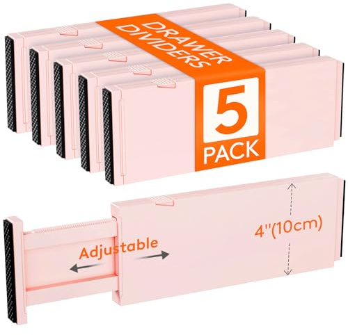 Lifewit 5 Pack 4 High Drawer Dividers 28-43.5cm/11-17 Adjustable Drawer Organizer for Clothes/Utensils, Expandable Drawer Separator in Dresser/Kitchen/Bedroom/Office Organization & Storage Pink