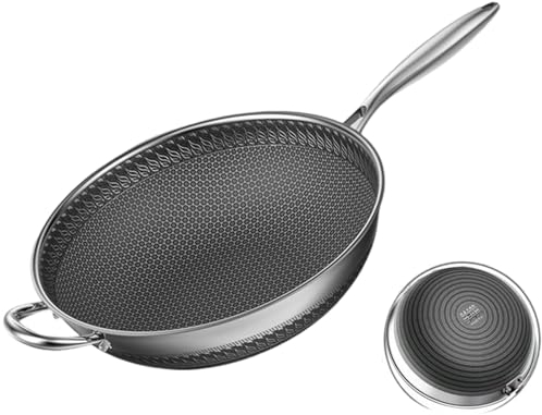 YIYHFKM Wok Antiaderente con Coperchio, Padella Wok a Nido d'Ape 32-40 cm con Manico in Acciaio Inox, Compatibile con induzione, Resistente ai Graffi, Lavabile in lavastoviglie e Forno