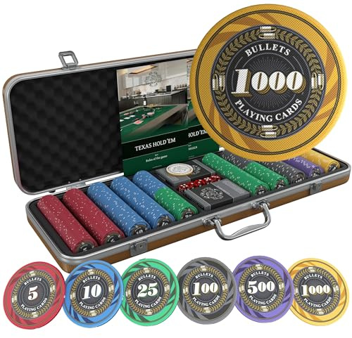 Bullets Playing Cards, Pokerfodral Silvio, pokerset med 500 keramiska pokerchips med tryckta värden inkl. Keramik Dealerbutton, dubbelpack pokerkort