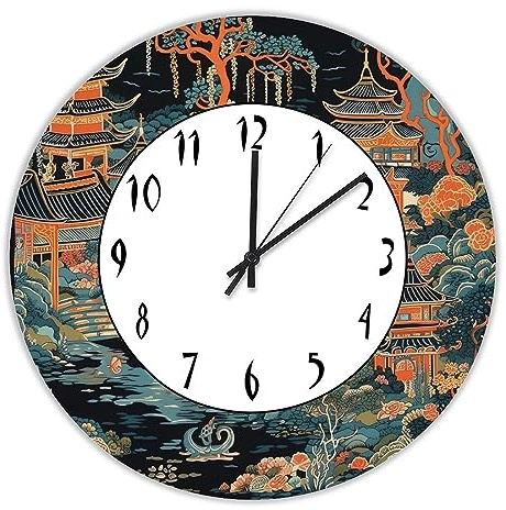 Chinoiserie Charcoal Coral Pagoda Asian Pavilion Vintage Decorative Wood Wall Clock for Kitchen Dining Room Home Decoration Farmhouse Silent Non-Ticking Battery Operated Hanging Wooden Clock 12