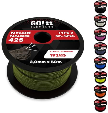 GO!elements Paracord Seil aus reißfestem Nylon - 3mm Paracord 425 Typ II max. 192kg - Schnüre als Outdoor Seil, Allzweckseil, Survival Seil, Armband, Hundeleine, Nylonschnur