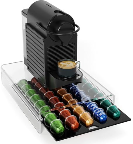 Transparent Coffee Pod Holder - Storage Drawer for Original Nespresso Capsules - Organizer 40 Pods, Smooth Pull-Out Design, Sturdy Coffee Machines Stand - Installation-Free, Easy Cleaning