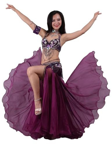 CRETUAO Sexy indisches Bauchtanz-Performance-Kleid für Damen, Halloween-Karneval, Nationale Bräuche, Party, Abschlussball, Bauchtanz-Kostüm, Pailletten-Perlen-Tanz-Outfit, 5-teilig,Lila,L
