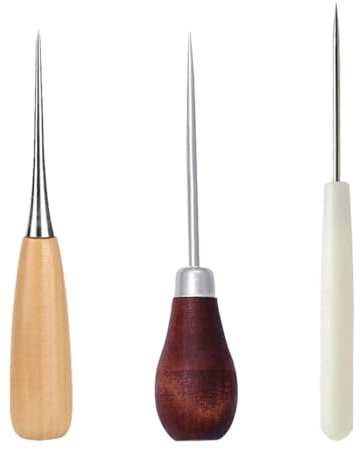 3 Pcs Locher, Vorstecher mit Holzgriff, DIY Lederhandwerk Nähen Ahle Loch Ahle Gebogene Ahle Nähen Werkzeug Holzgriff Zum Nähen Oder Reparieren Von Canvas Papier Leder Stoff, Nähen Von Leder,DIY