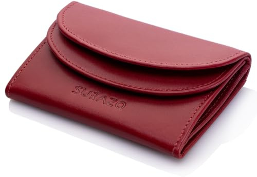 SURAZO® Echtleder Kleines Portemonnaie Damen (10,5 x 7,5 x 2 cm) Minibörse Leder Geldbörse Herren Klein | RFID Mini Wallet | 4 Kartenfächer Geldscheinfach | Slim Geldbeutel mit Münzfach (Rot)