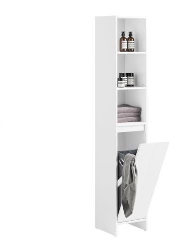 SoBuy Armario Baño Columna Estrecha con Cesto Ropa Blanco Mueble Alto Auxiliar MDF con Baldas Ajustables, Almacenaje Abierto Ideal para Baños Pequeños 30x170x30cm BZR158-W