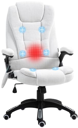 Vinsetto Massage Office Chair Lumbar Heating Linen Fabric Cream White | Executive Computer Desk Chair, High and Reclining Back, Tilt Function, Adjustable Height, Padded Armrests
