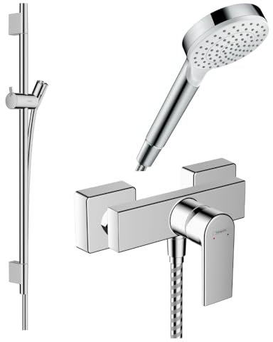 Pack mitigeur douche mécanique HANSGROHE Vernis Shape + Barre Unica S Puro + flexible + Pommeau Crometta blanc/chromé