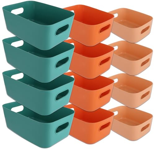 ZOFUN 12 Pack Plastic Storage Boxes, 3 Size Plastic Storage Baskets with Handle, Colourful Kitchen Cupboard Storages Boxes for Home Kitchen School Office, Green/Ogange/Apricot, L/M/S