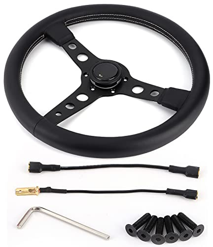 Klanata Universal-Lederlenkrad für MOMO Prototipo Style, 350 mm/14 Zoll, 6 Schrauben, Schwarz mit grauen Nähten, inklusive Hupenknopf