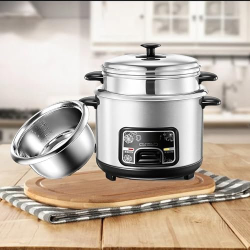 THEGA Olla Arrocera - Olla Arrocera con Cesta Vaporera, Olla Arrocera Y Función De Calentamiento Al Vapor (2/3/4/5L) Revestimiento De Acero Inoxidable 201, con Espátula Y Vaso Medidor(2L)