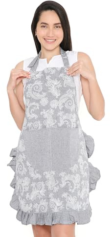 Encasa XO Schürze für Frauen | Baumwolle Chambray Stoff mit Blumen-Rüschen | Küchenschürze Kochschürze mit 2 großen Taschen | Stylischer Schutz - 70x85 cm - Grau